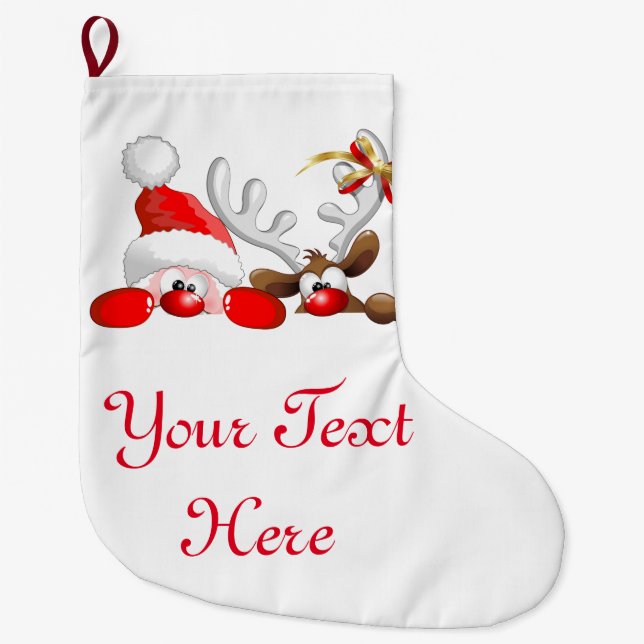 Funny Santa and Reindeer Cartoon      Large Christmas Stocking (Front)