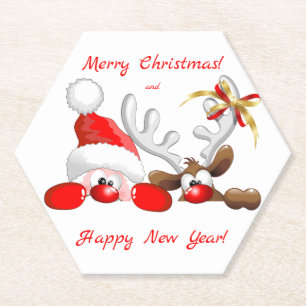 Funny Santa and Reindeer Cartoon Paper Coaster
