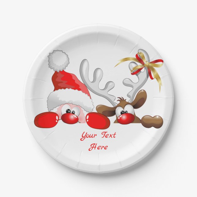Funny Santa and Reindeer Cartoon Paper Plate (Front)