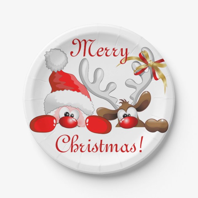 Funny Santa and Reindeer Cartoon       Paper Plate (Front)