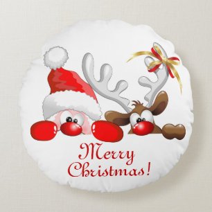Funny Santa and Reindeer Cartoon       Round Cushion