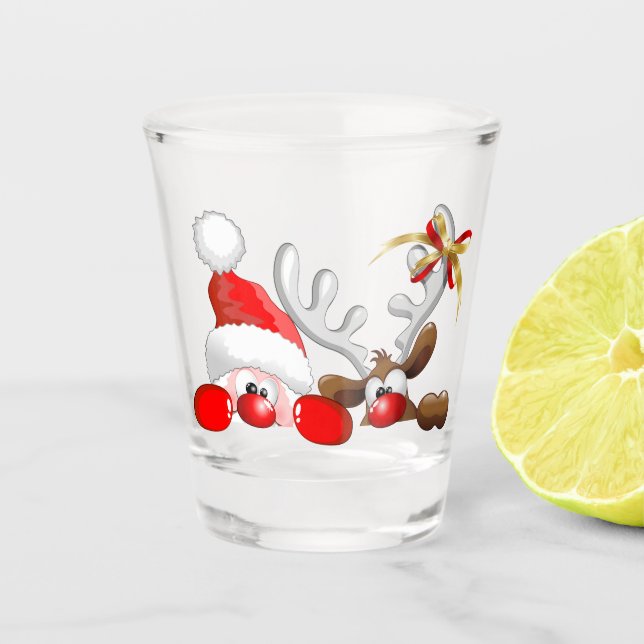 Funny Santa and Reindeer Cartoon     Shot Glass (Front)