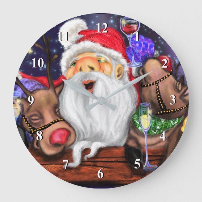 Funny Santa and Reindeers Christmas Party - Fun Large Clock (Front)
