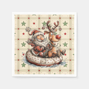 Funny Santa and Rudolf On A Water Tube  Napkin