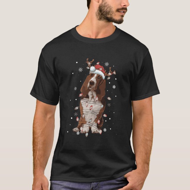 Funny Santa Basset Hound Christmas Lights Tree Dog T-Shirt (Front)