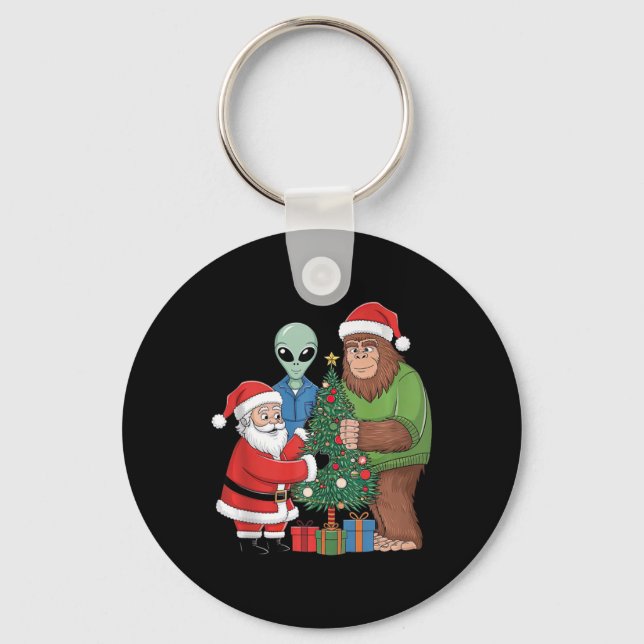 Funny Santa Bigfoot Alien Decorating Christmas Tre Key Ring (Front)