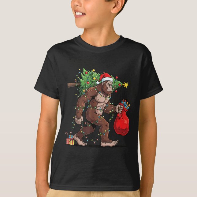 Funny Santa Bigfoot Christmas Tree Lights Xmas Boy T-Shirt (Front)