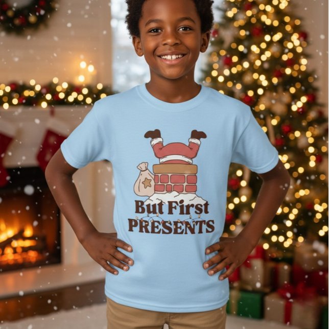 Funny Santa But First Presents Kids T-Shirt (Creator Uploaded)