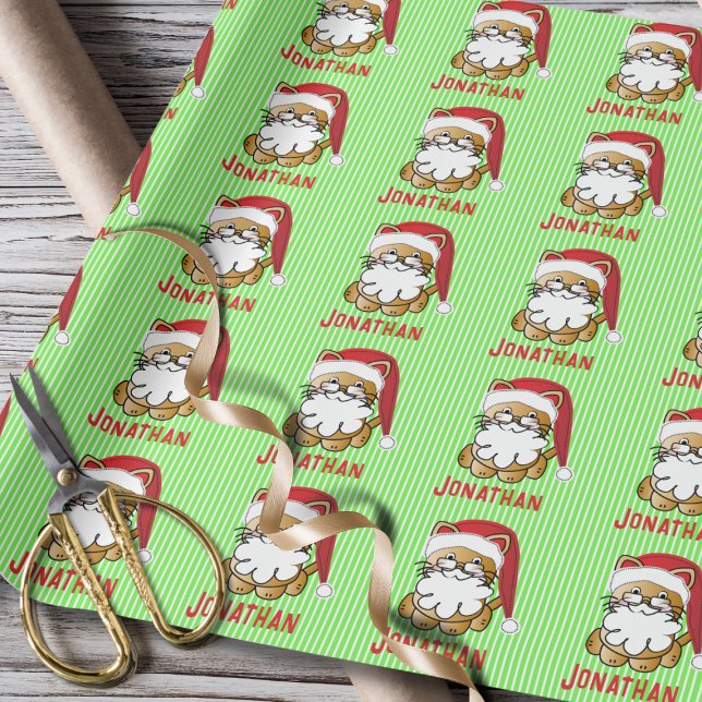 Funny Santa Cat Cartoon Personalised Wrapping Paper (Creator Uploaded)