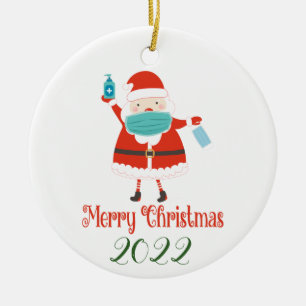 funny Santa Christmas with face Mask and Sanitizer Ceramic Tree Decoration