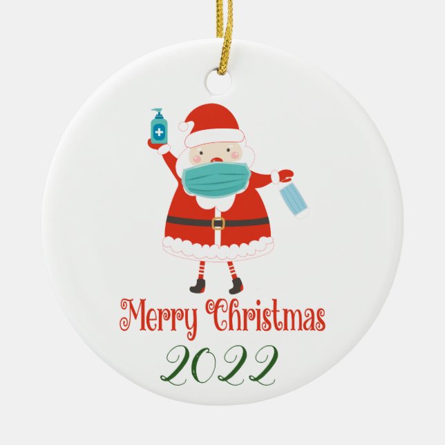 funny Santa Christmas with face Mask and Sanitizer Ceramic Tree Decoration (Front)