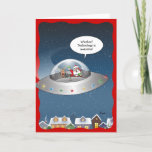 Funny Santa Claus Alien Christmas Holiday Card<br><div class="desc">Funny Santa Claus Christmas cards that can be personalised with your own custom quote bubble text! This unique comic design by Raphaela Wilson depicts Santa and Rudolph the red nose reindeer soaring high over a neighbourhood in a silver ufo flying saucer. Santa's quote bubble reads: "Woohoo! Technology is awesome!", but...</div>