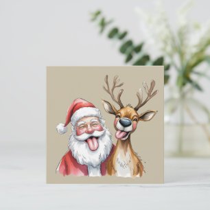 Funny Santa Claus and Reindeer Christmas Winter Holiday Card