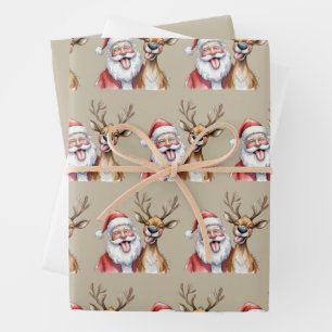 Funny Santa Claus and Reindeer Christmas Winter Wrapping Paper Sheet