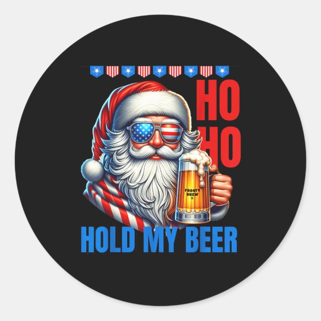 Funny Santa Claus Christmas July 4th Patriotic Hol Classic Round Sticker (Front)