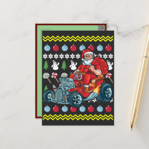 Funny Santa Claus Driving Hot Rod Vintage Car Holiday Postcard