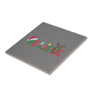 Funny Santa Claus Hat Believe Snowflakes Christmas Tile