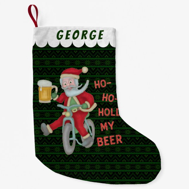 Funny Santa Claus Hold My Beer Christmas Humour Small Christmas Stocking (Front)
