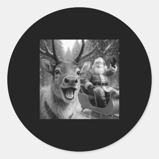 Funny Santa Claus In Sleigh With Reindeer Christma Classic Round Sticker (Front)