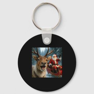 Funny Santa Claus In Sleigh With Reindeer Christma Key Ring
