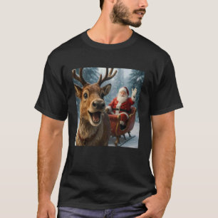 Funny Santa Claus in Sleigh with Reindeer Christma T-Shirt