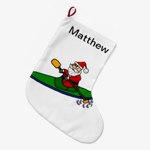 Funny Santa Claus Kayaking Christmas Cartoon Large Christmas Stocking