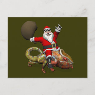 Funny Santa Claus On Huge Panther Chameleon Holiday Postcard