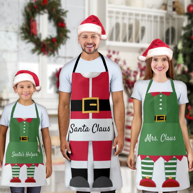 Funny Santa Claus Outfit Red & White Christmas Apron (Wear these cute aprons with a Santa hat (not included) as costumes for the Christmas party!)
