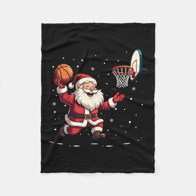 Funny Santa Claus Playing Basketball Merry Christm Fleece Blanket (Front)