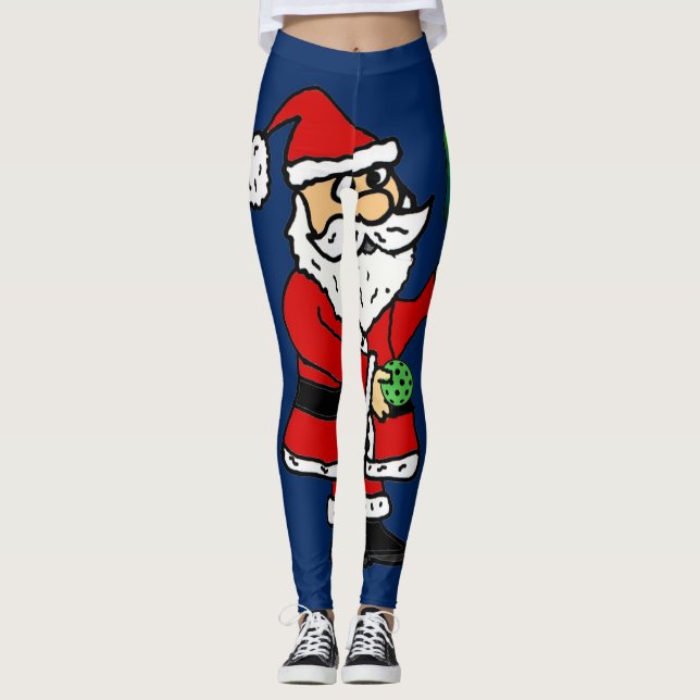 Funny Santa Claus Playing Pickleball Christmas Leggings (Front)