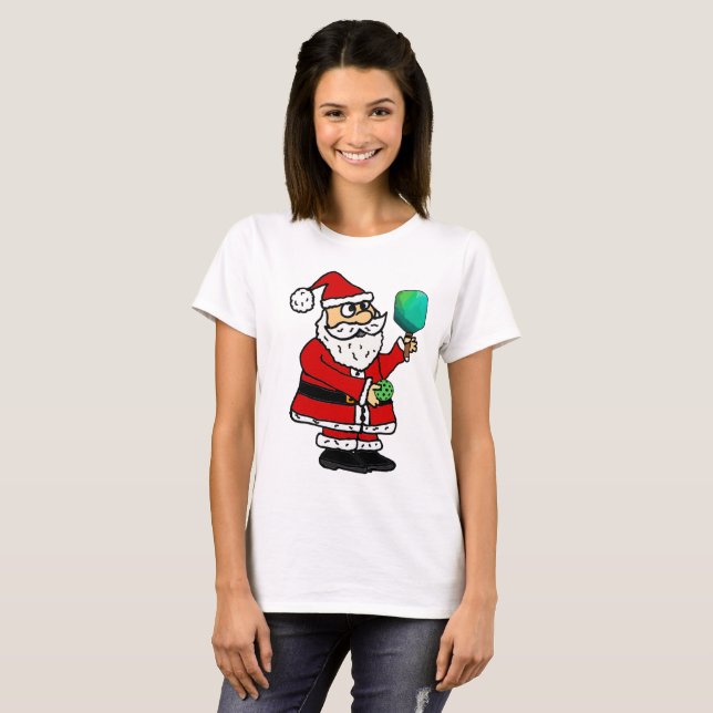 Funny Santa Claus Playing Pickleball Christmas T-Shirt (Front Full)