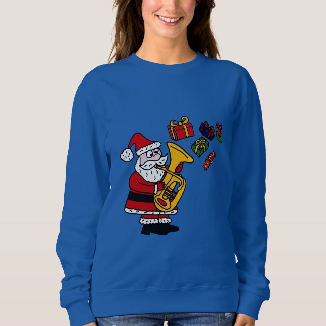 Funny Santa Claus Playing Tuba Christmas Art Sweatshirt (Front)