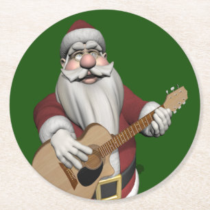 Funny Santa Claus Plays Accoustic Guitar Round Paper Coaster