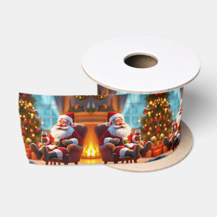 Funny Santa Claus Relaxing with Red Wine Satin Ribbon