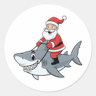 Funny Santa Claus Riding a Shark Christmas Holiday Classic Round Sticker