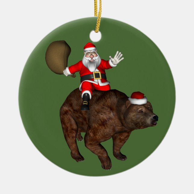 Funny Santa Claus Riding On Brown Bear Ceramic Tree Decoration (Front)