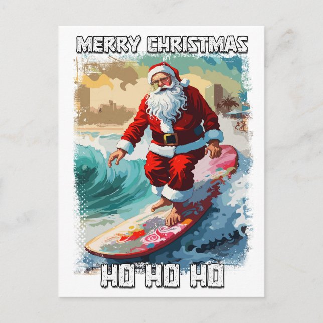 Funny Santa Claus surfing in the summer pop art Postcard (Front)