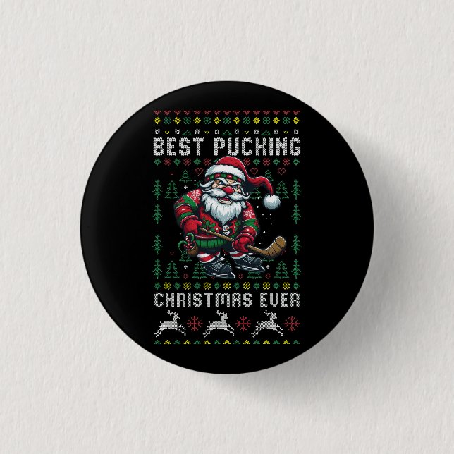 Funny Santa Claus Ugly Christmas Ice Hockey Best P 3 Cm Round Badge (Front)