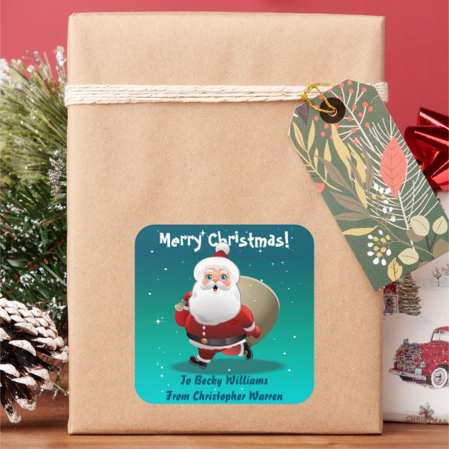 Funny Santa Claus With A Sack Full Of Gifts Square Sticker (Holiday)