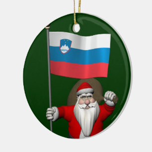Funny Santa Claus With Ensign Of Slovenia Ceramic Tree Decoration