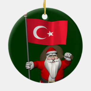 Funny Santa Claus With Flag Of Turkey Ceramic Tree Decoration