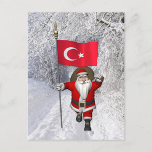 Funny Santa Claus With Flag Of Turkey Holiday Postcard