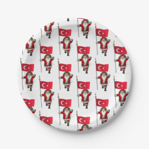 Funny Santa Claus With Flag Of Turkey Paper Plate