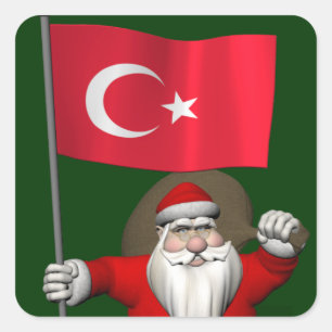 Funny Santa Claus With Flag Of Turkey Square Sticker