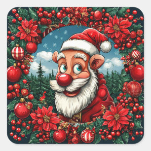 Funny Santa Claus with Wreath and Ornaments Square Sticker