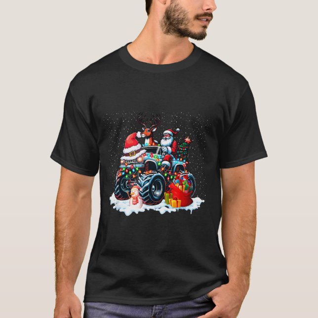 Funny Santa Clause Riding Monster Red Truck Xmas T T-Shirt (Front)
