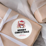 Funny Santa Claws Christmas Classic Round Sticker<br><div class="desc">Funny christmas holiday stickers featuring a simple white background,  a tropical crab wearing a santa claus hat,  the saying "merry christmas",  and your family name.</div>