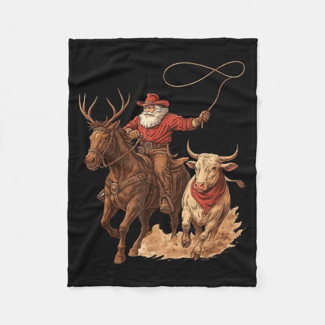 Funny Santa Cowboy Rodeo Reindeer Western Horse Ro Fleece Blanket (Front)