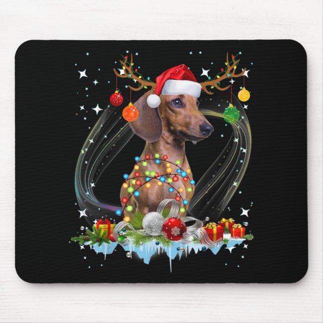 Funny Santa Dachshund Reindeer Light Christmas Mouse Pad (Front)