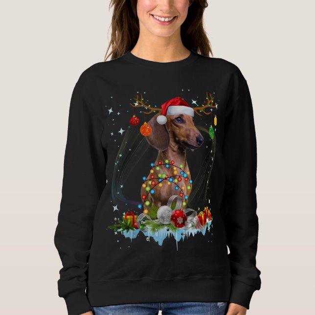 Funny Santa Dachshund Reindeer Light Christmas Sweatshirt (Front)